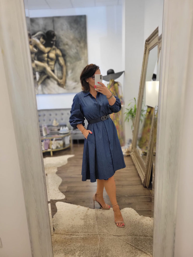 DARK DENIM FIT AND FLAIR DRESS WITH SIDE POCKETS