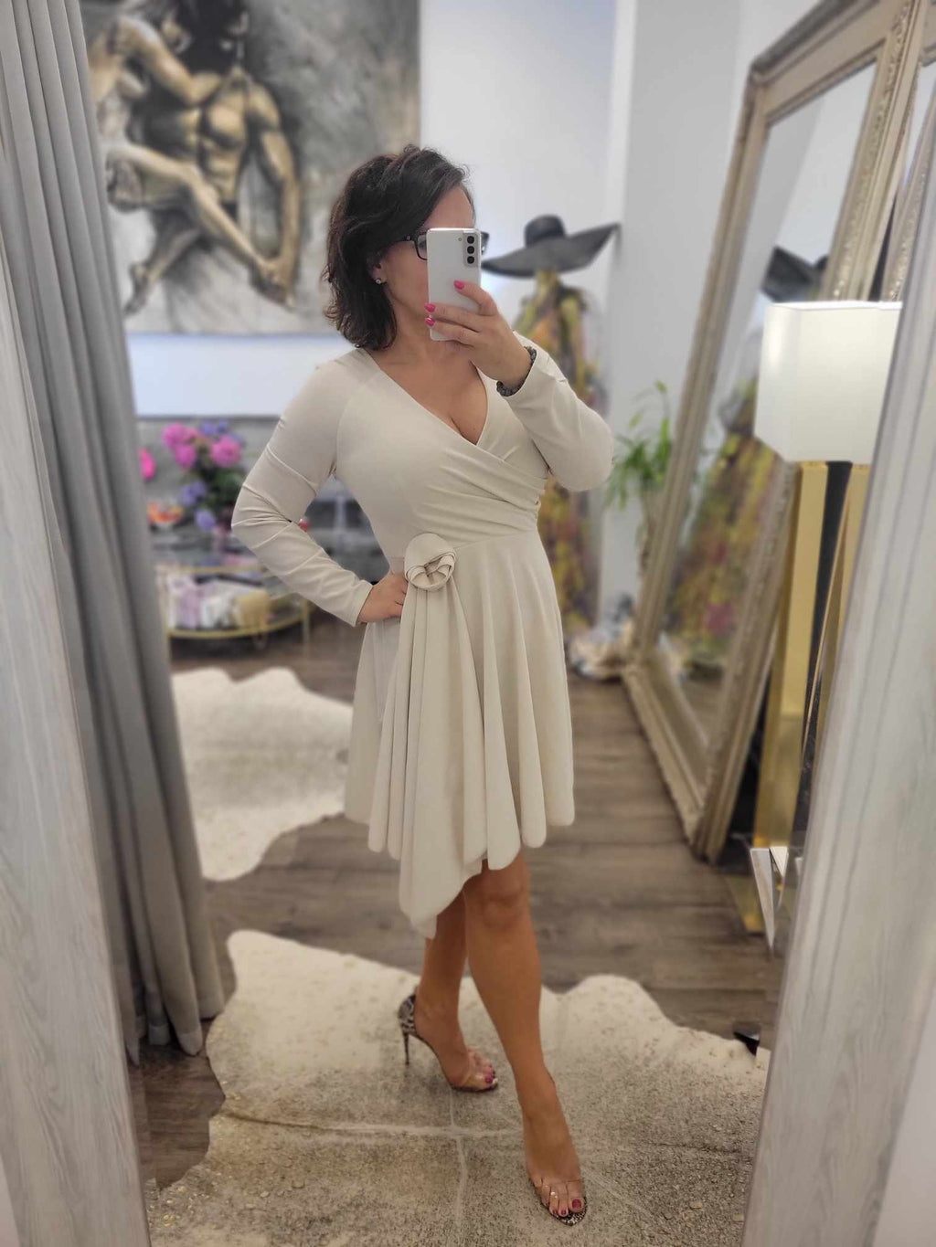 CLEARANCE - BEIGE SUMMER FIT AND FLAIR DRESS