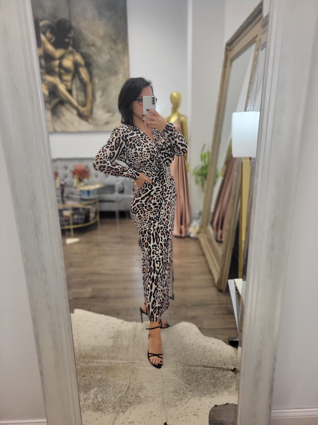 CHEETAH MIDI DRESS WITH FRONT RUSHING