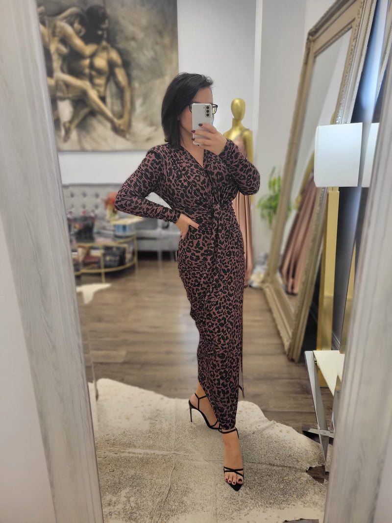 BROWN AND BLACK ANIMAL CHEETAH PRINT MIDI DRESS WITH FRONT RUSHING