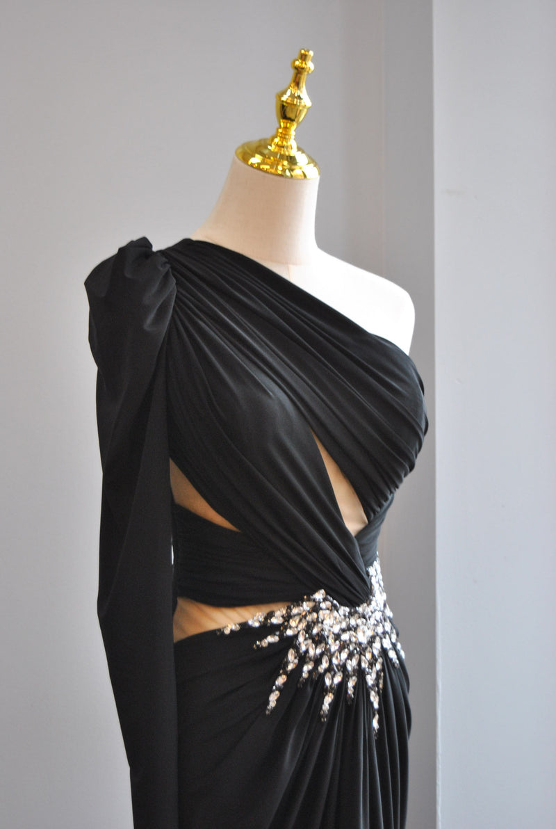 BLACK EVENING ASYMMETRIC GOWN WITH SIDE CRYSTALS