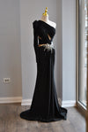 BLACK EVENING ASYMMETRIC GOWN WITH SIDE CRYSTALS