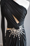 BLACK EVENING ASYMMETRIC GOWN WITH SIDE CRYSTALS