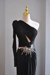 BLACK EVENING ASYMMETRIC GOWN WITH SIDE CRYSTALS