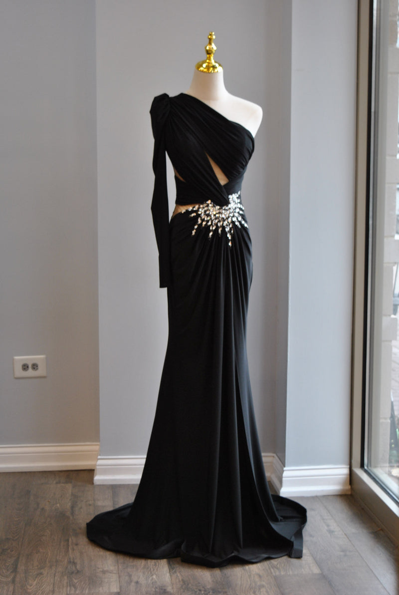 BLACK EVENING ASYMMETRIC GOWN WITH SIDE CRYSTALS