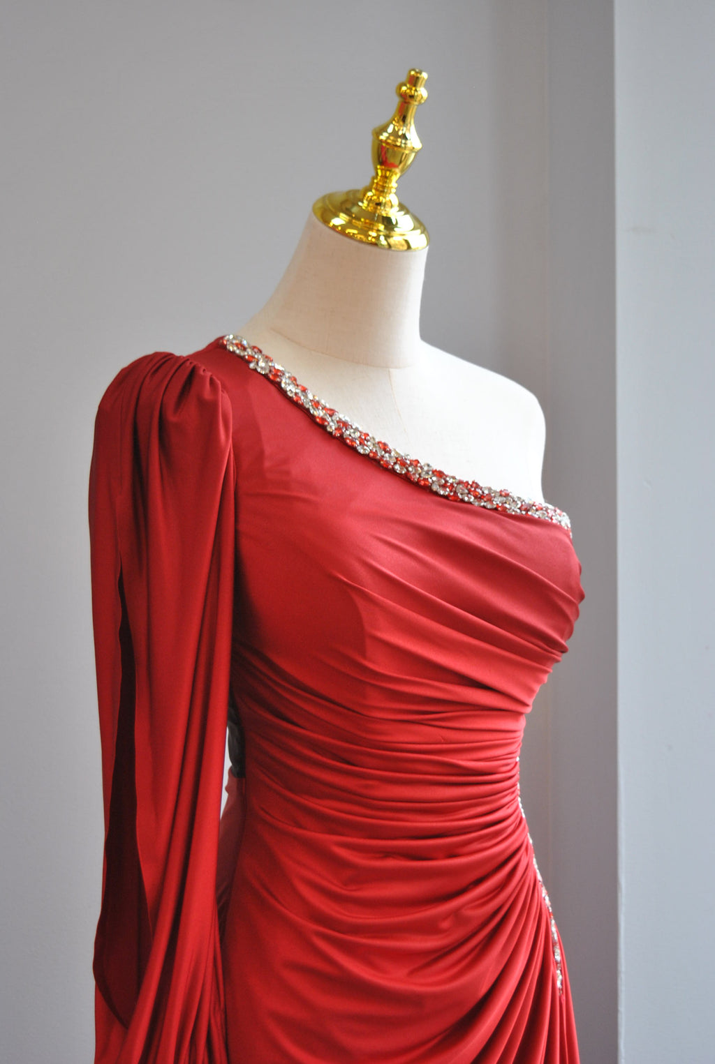 RED LONG EVENING ASYMMETRIC GOWN WITH CRYSTALS