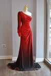 RED LONG EVENING ASYMMETRIC GOWN WITH CRYSTALS