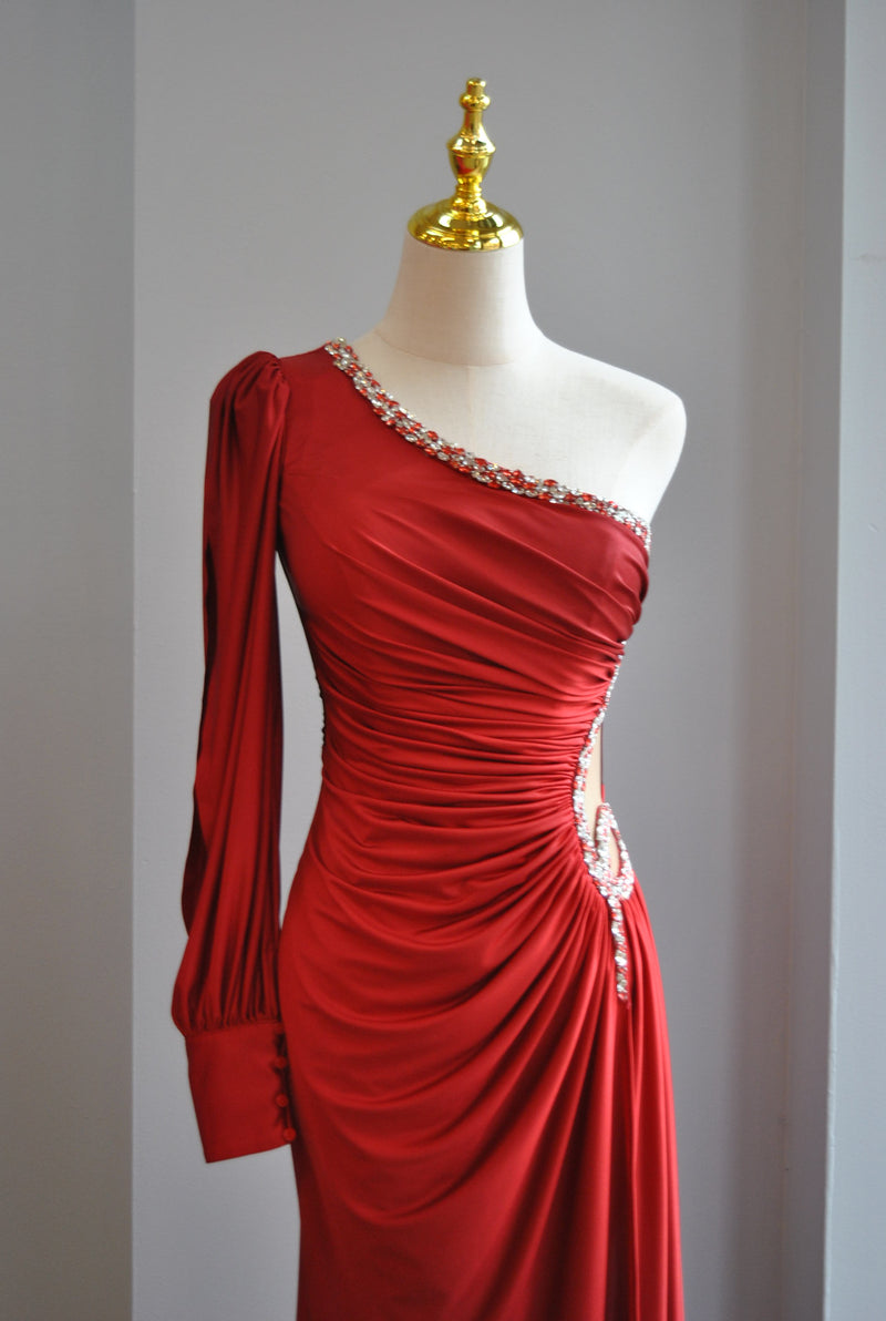 RED LONG EVENING ASYMMETRIC GOWN WITH CRYSTALS