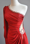 RED LONG EVENING ASYMMETRIC GOWN WITH CRYSTALS