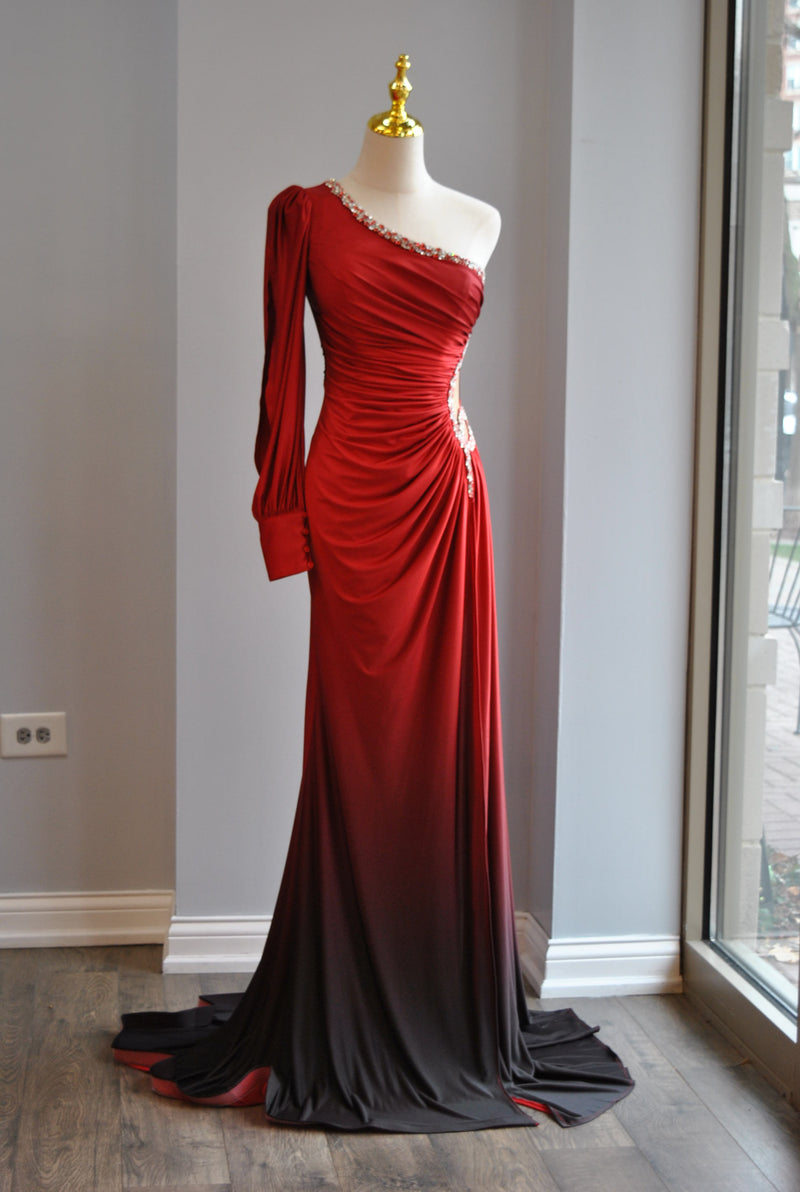 RED LONG EVENING ASYMMETRIC GOWN WITH CRYSTALS