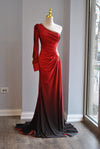 RED LONG EVENING ASYMMETRIC GOWN WITH CRYSTALS