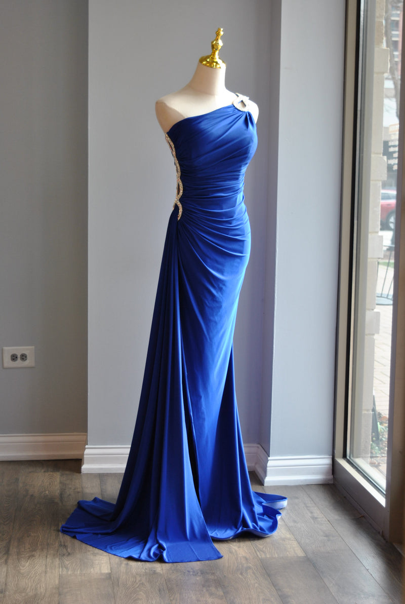 ROYAL BLUE LONG ASYMMETRIC DRESS