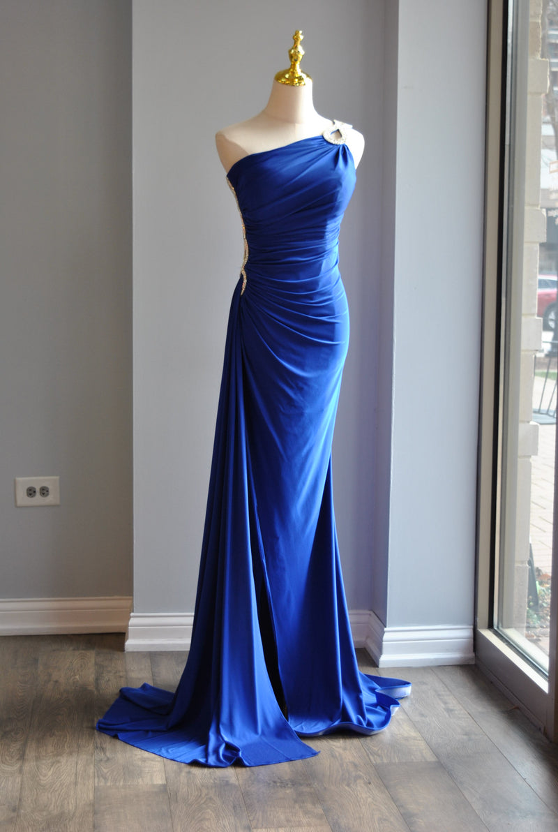 ROYAL BLUE LONG ASYMMETRIC DRESS