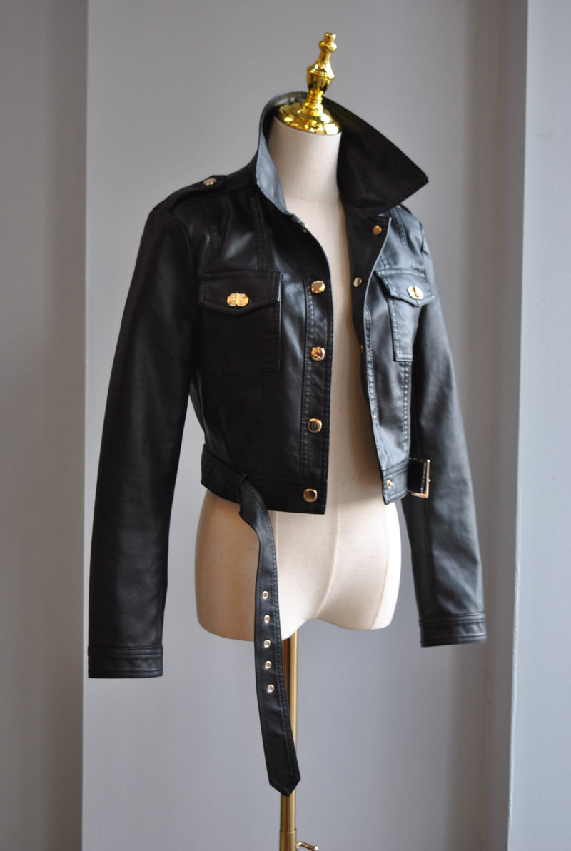 BLACK FAUX LEATHER CROPPED JACKET