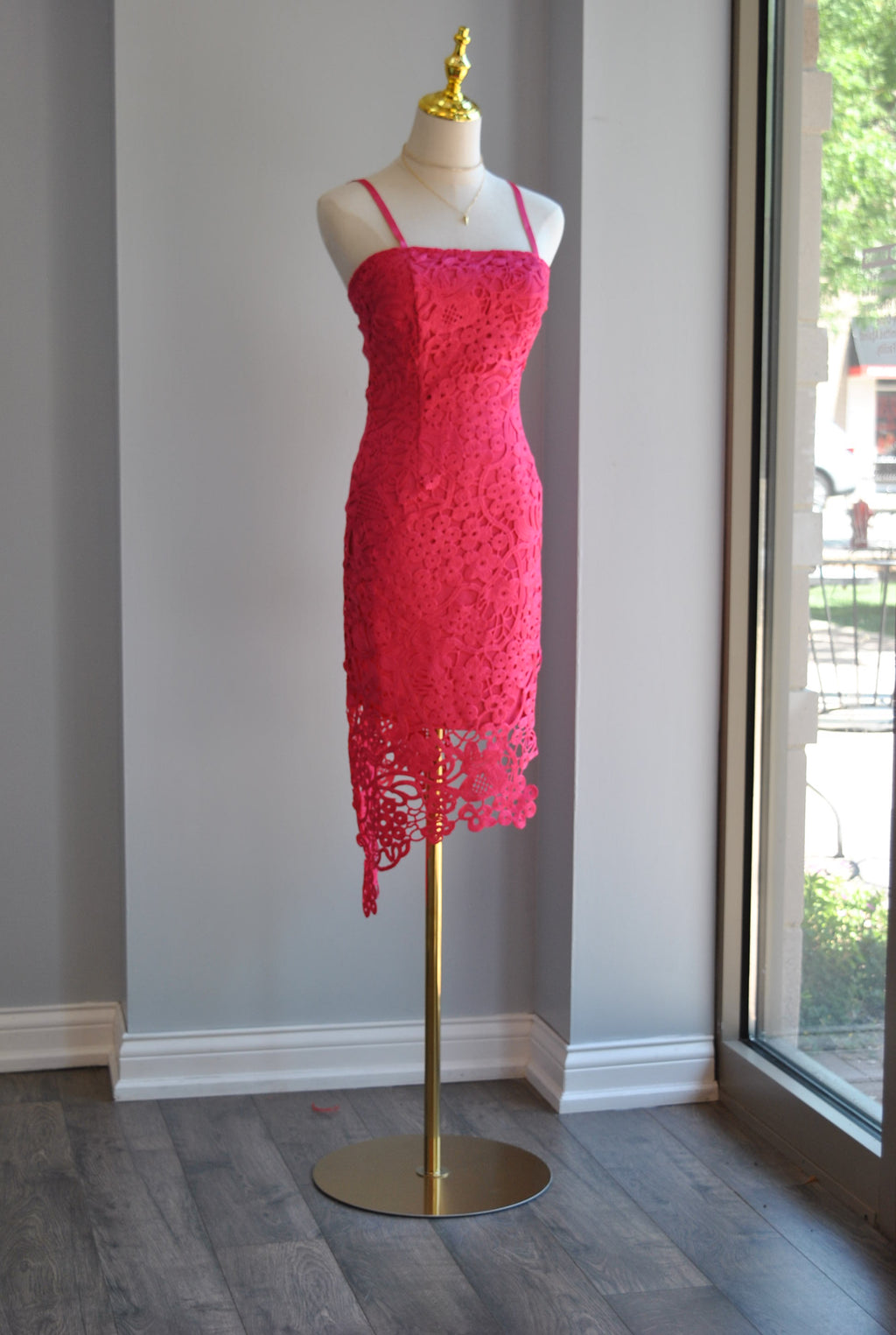 FUCHSIA PINK HIGH AND LOW ASYMMETRIC LACE SUMMER COCKTAIL DRESS