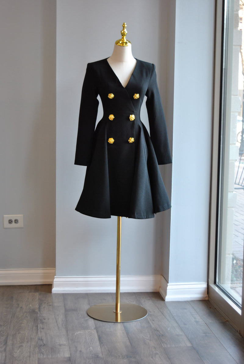 BLACK FIT AND FLAIR DRESS WITH GOLD BUTTONS