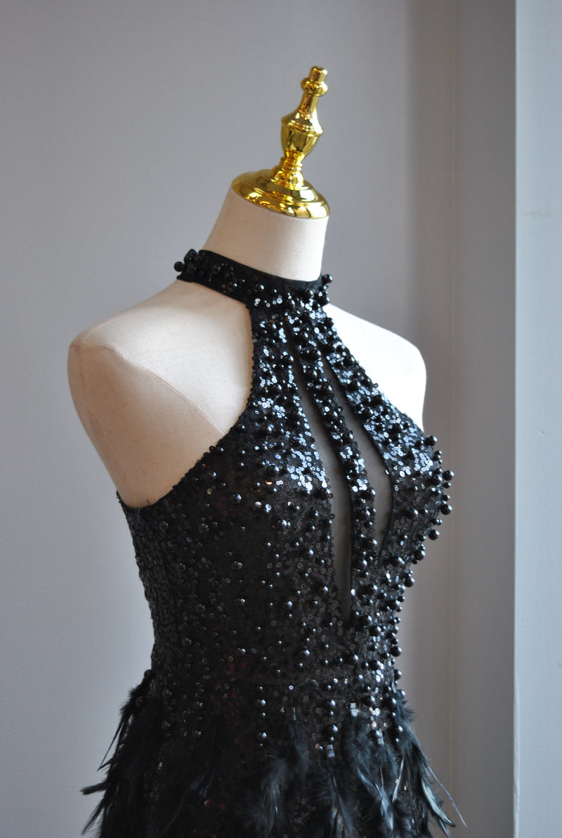 BLACK BEADS AND FEATHERS MINI DRESS