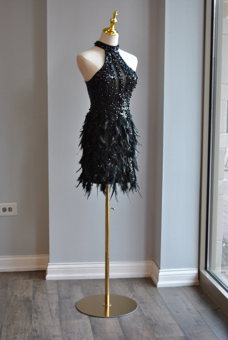 BLACK BEADS AND FEATHERS MINI DRESS