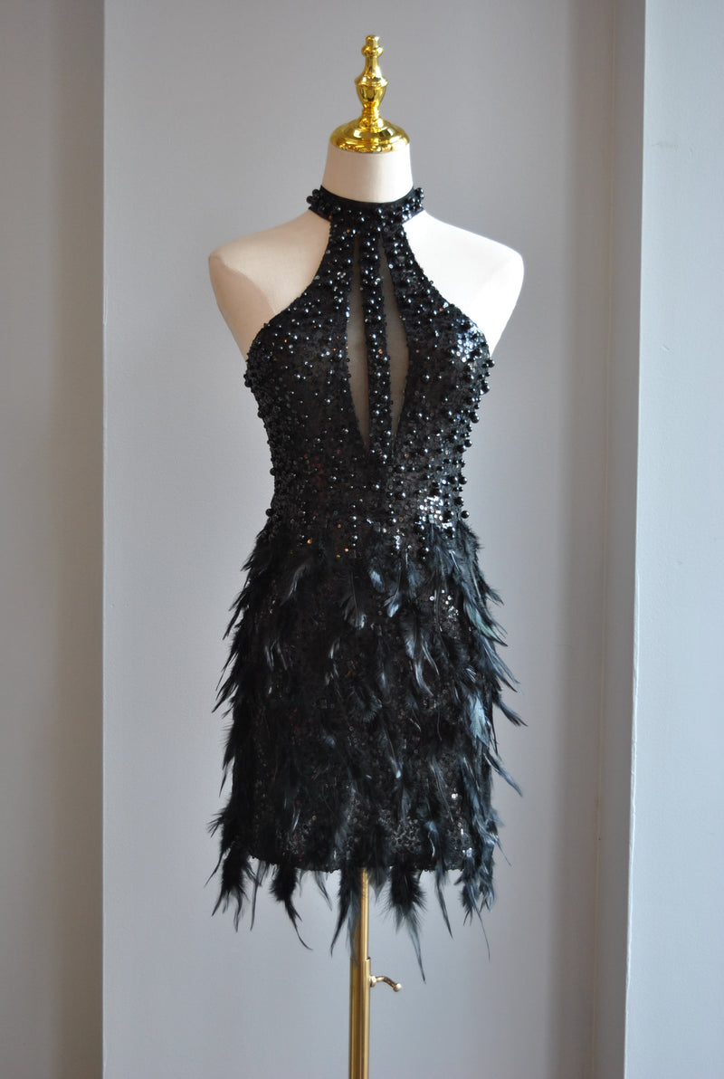 BLACK BEADS AND FEATHERS MINI DRESS