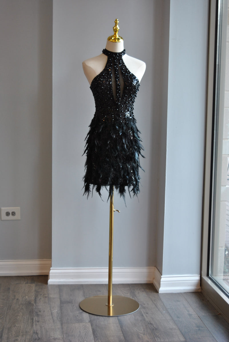 BLACK BEADS AND FEATHERS MINI DRESS