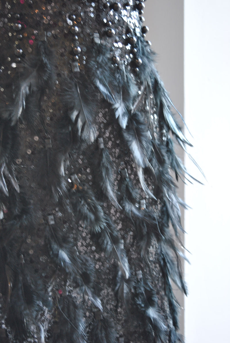 BLACK BEADS AND FEATHERS MINI DRESS