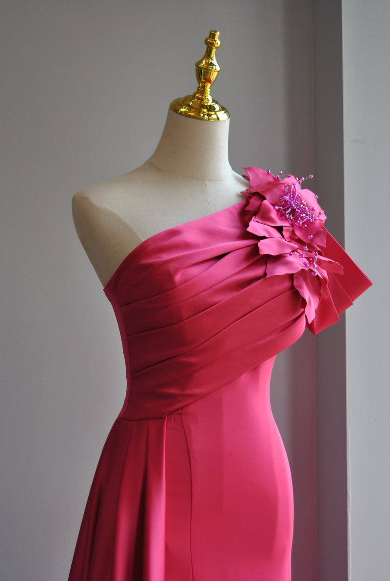 FUCHSIA LONG EVENING GOWN WITH SIDE FLOWER