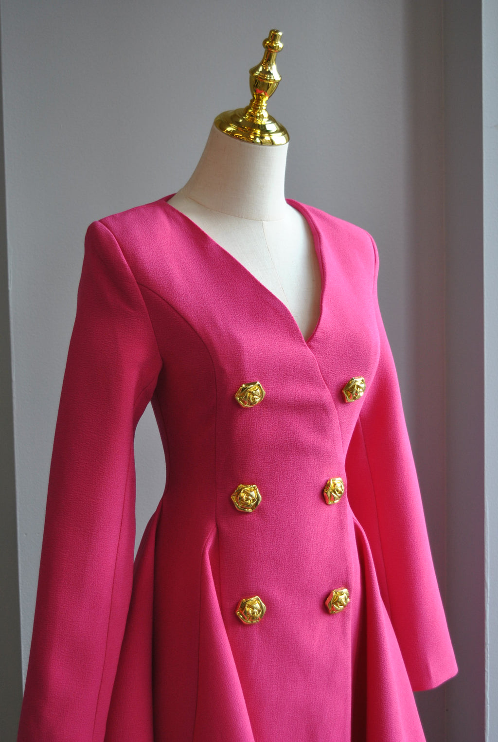 FUCHSIA PINK FIT AND FLAIR DRESS WITH GOLD BUTTONS