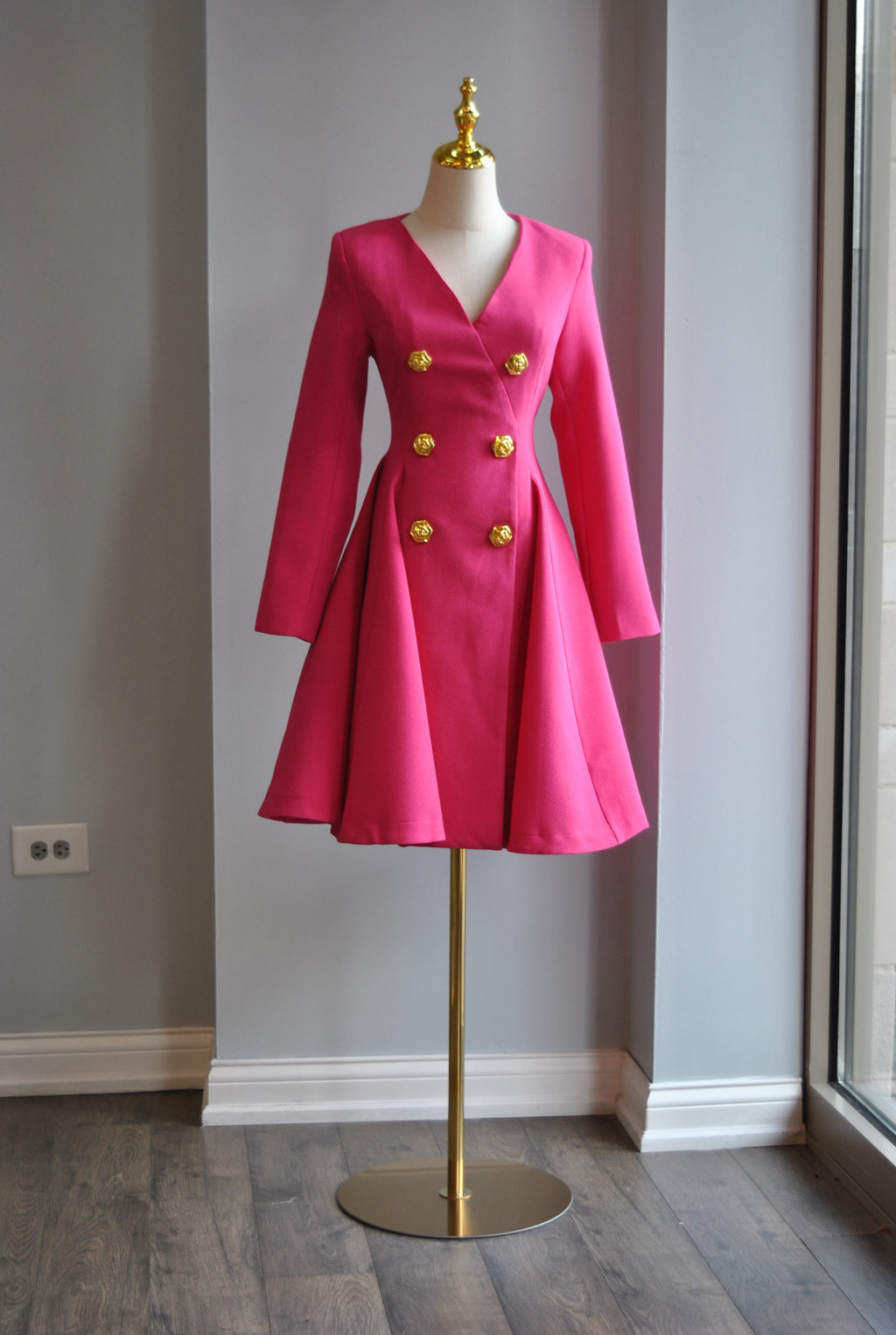 FUCHSIA PINK FIT AND FLAIR DRESS WITH GOLD BUTTONS