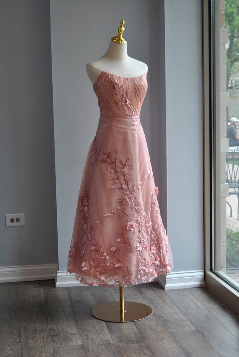 BLUSH PINK WITH FLOWER DETAIL MIDI COCKTAIL DRESS