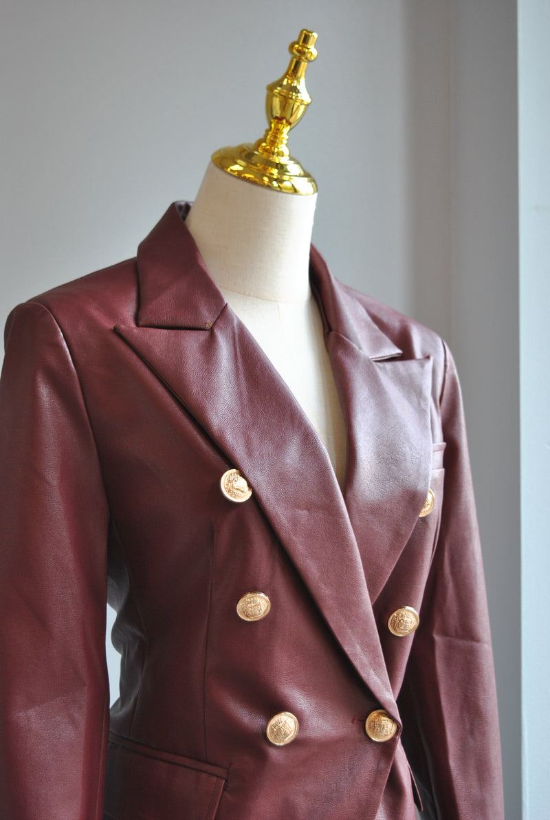 WINE COLOR FAUX LEATHER DOUBLE BREASTED JACKET