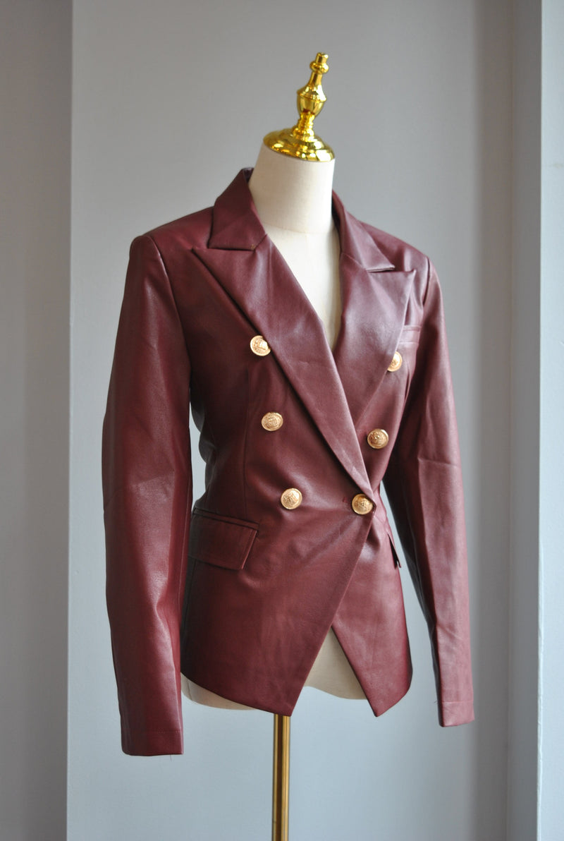 WINE COLOR FAUX LEATHER DOUBLE BREASTED JACKET