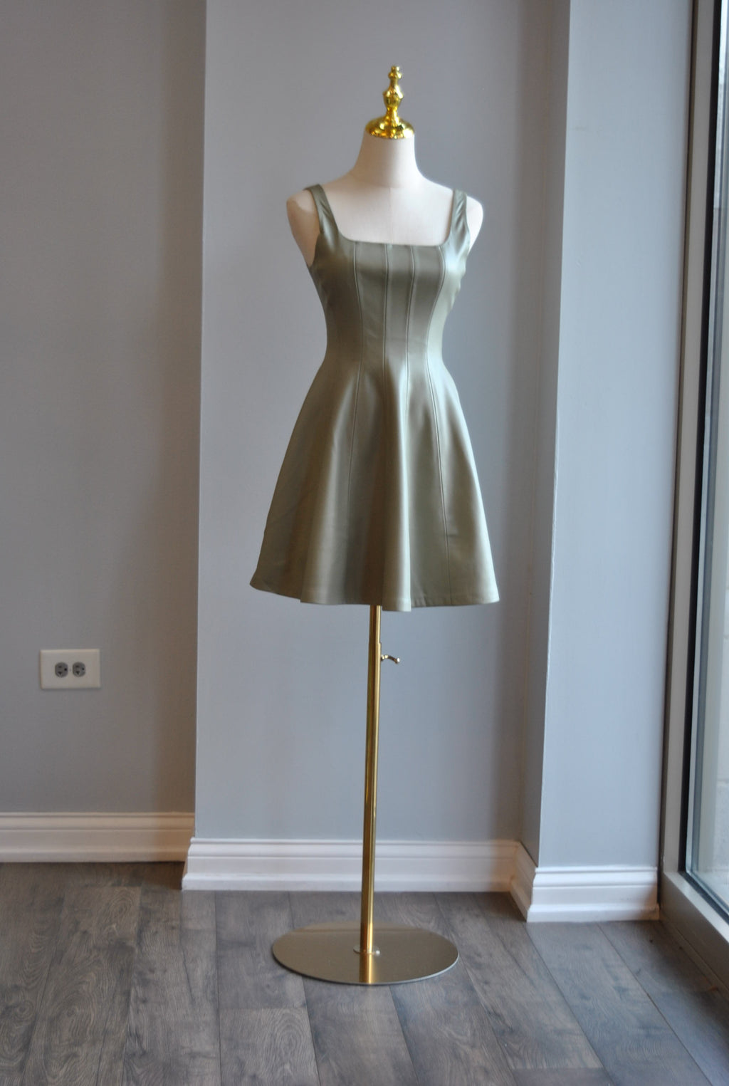 SAGE GREEN  FAUX LEATHER MINI FIT AND FLAIR DRESS