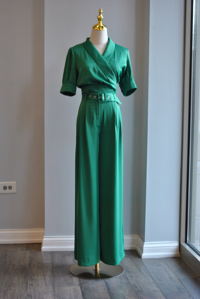 EMERALD GREEN SET OF PALAZZO PANTS AND CROPPED WRAP TOP