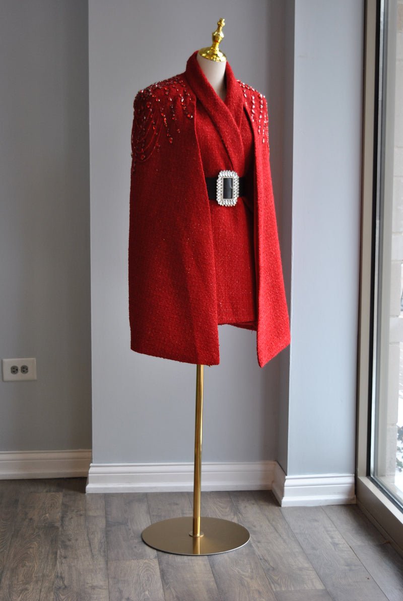 RED PONCHO WITH CRYSTALS AND A BELT