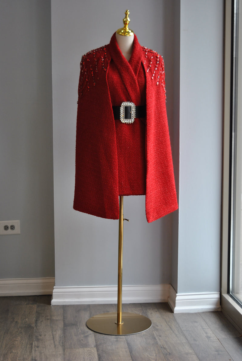 RED PONCHO WITH CRYSTALS AND A BELT