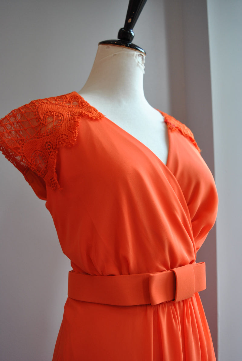 CLEARANCE - ORANGE SUMMER MAXI DRESS WITH LACE SLEEVES AND A BELT