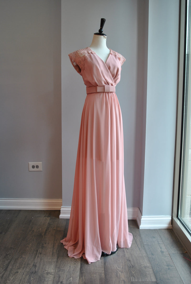 CLEARANCE - BLUSH PINK LONG SUMMER MAXI DRESS WITH LACE SLEEVES AND OPEN BACK