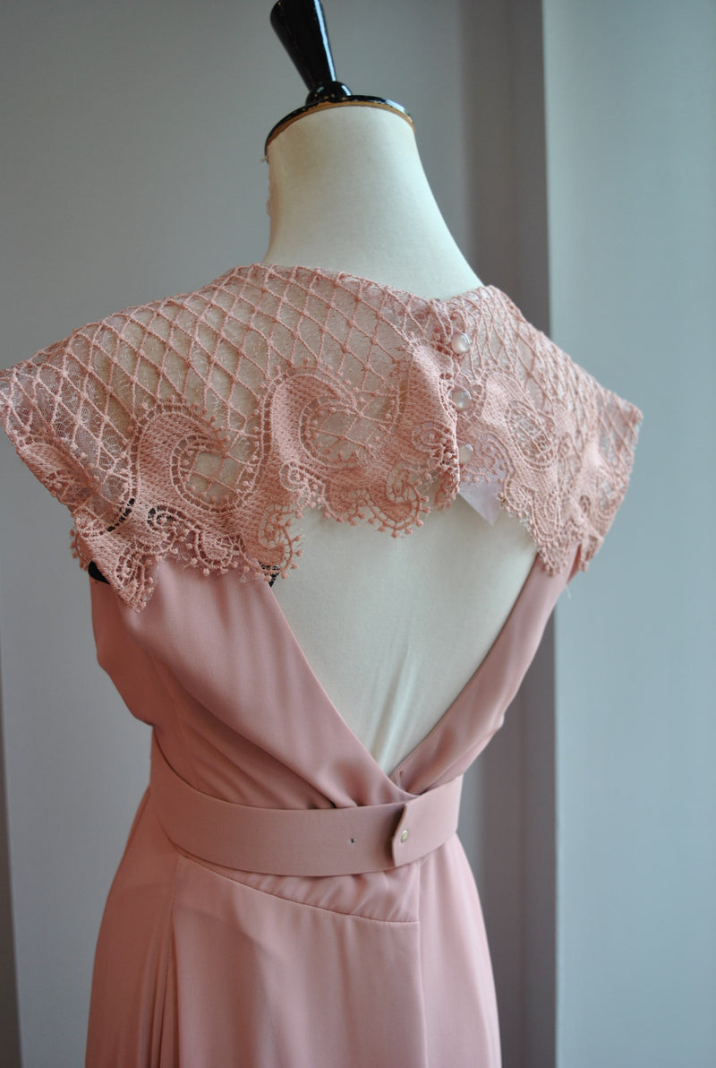 CLEARANCE - BLUSH PINK LONG SUMMER MAXI DRESS WITH LACE SLEEVES AND OPEN BACK