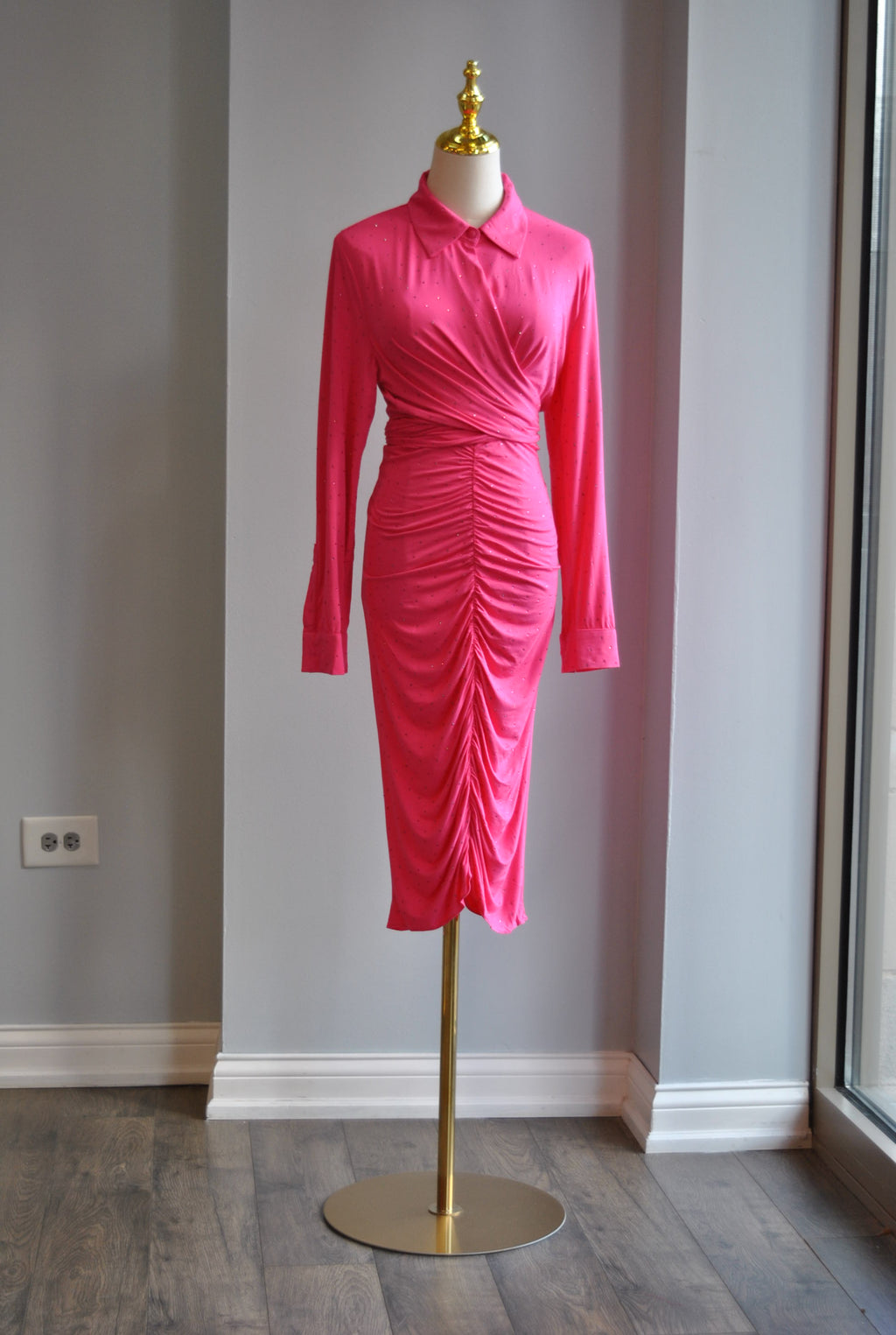 HOT PINK SET OF MIDI SKIRT AND A WRAP TOP WITH CRYSTALS