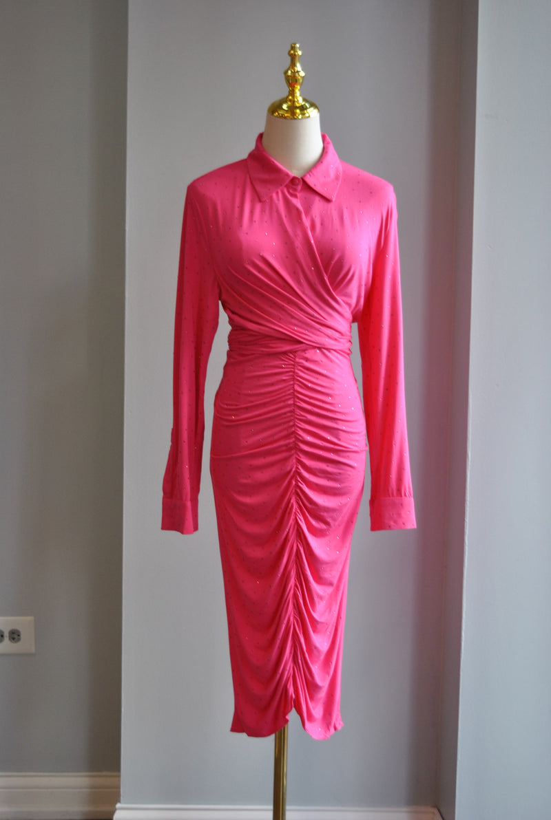 HOT PINK SET OF MIDI SKIRT AND A WRAP TOP WITH CRYSTALS