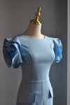 LIGHT BLUE MINI COCKTAIL DRESS WITH FLOWER SLEEVES