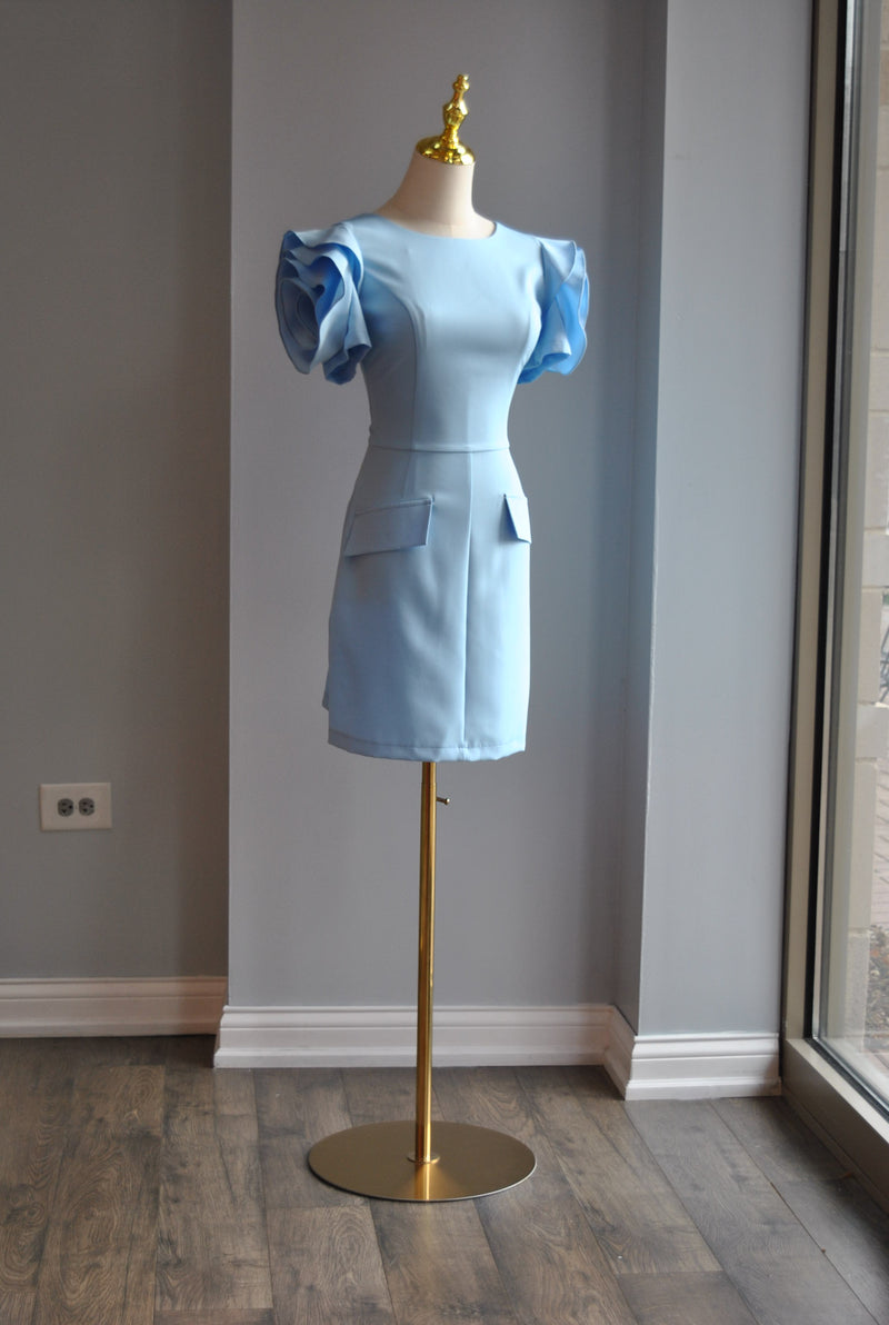 LIGHT BLUE MINI COCKTAIL DRESS WITH FLOWER SLEEVES