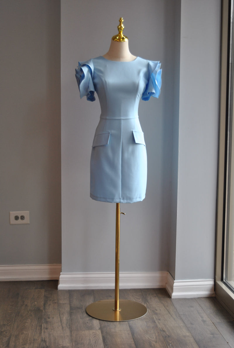 LIGHT BLUE MINI COCKTAIL DRESS WITH FLOWER SLEEVES