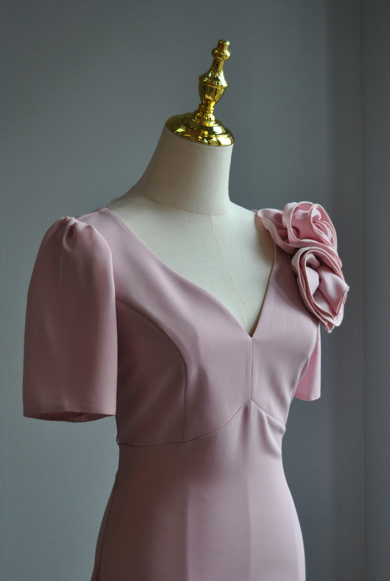 BLUSH PINK COCKTAIL A-LINE DRESS WITH DETACHABLE FLOWER PIN