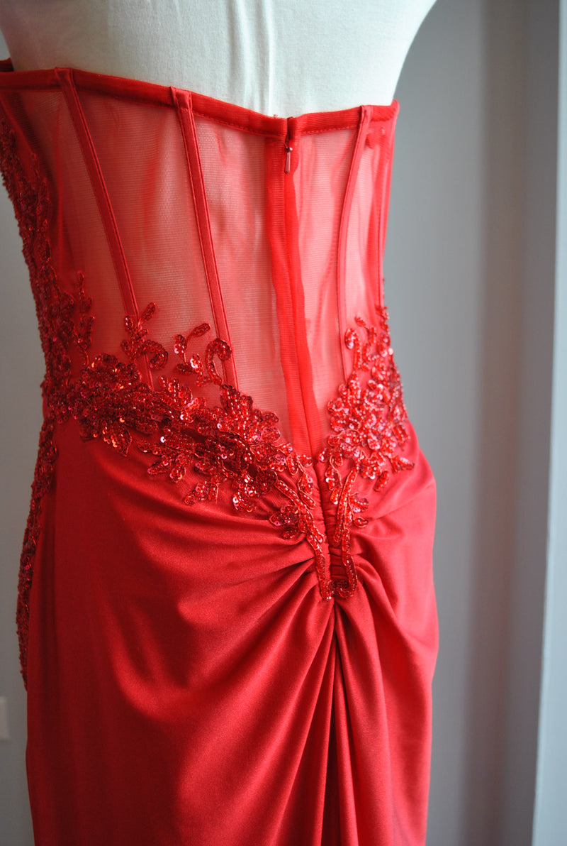 RED LONG EVENING DRESS WITH CRYSTALS