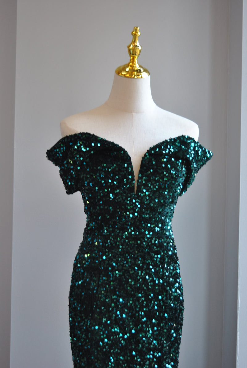 EMERALD GREEN SEQUIN LONG EVENING OFF THE SHOULDER GOWN