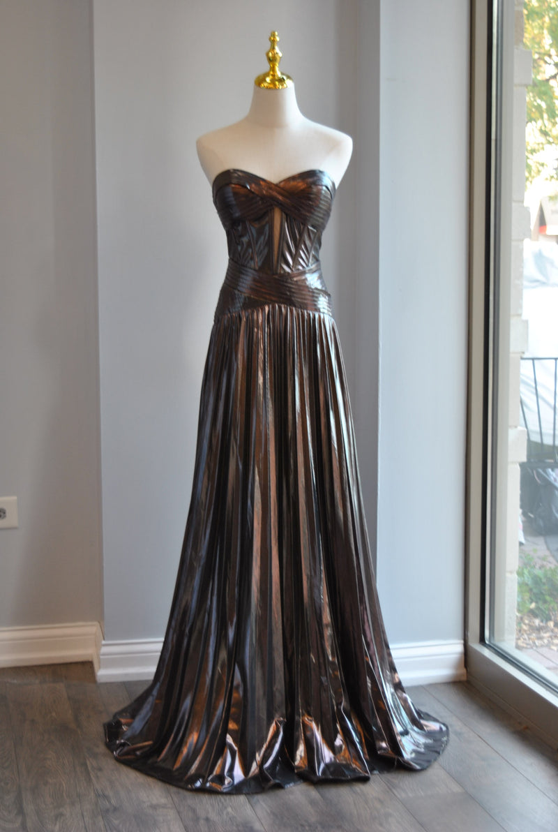 GUNMETAL LONG EVENING STRAPLESS PLEATED DRESS