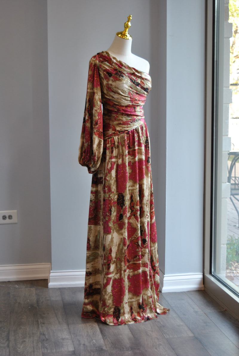 BURGUNDY MULTI FLOWY ASYMMETRIC LONG DRESS