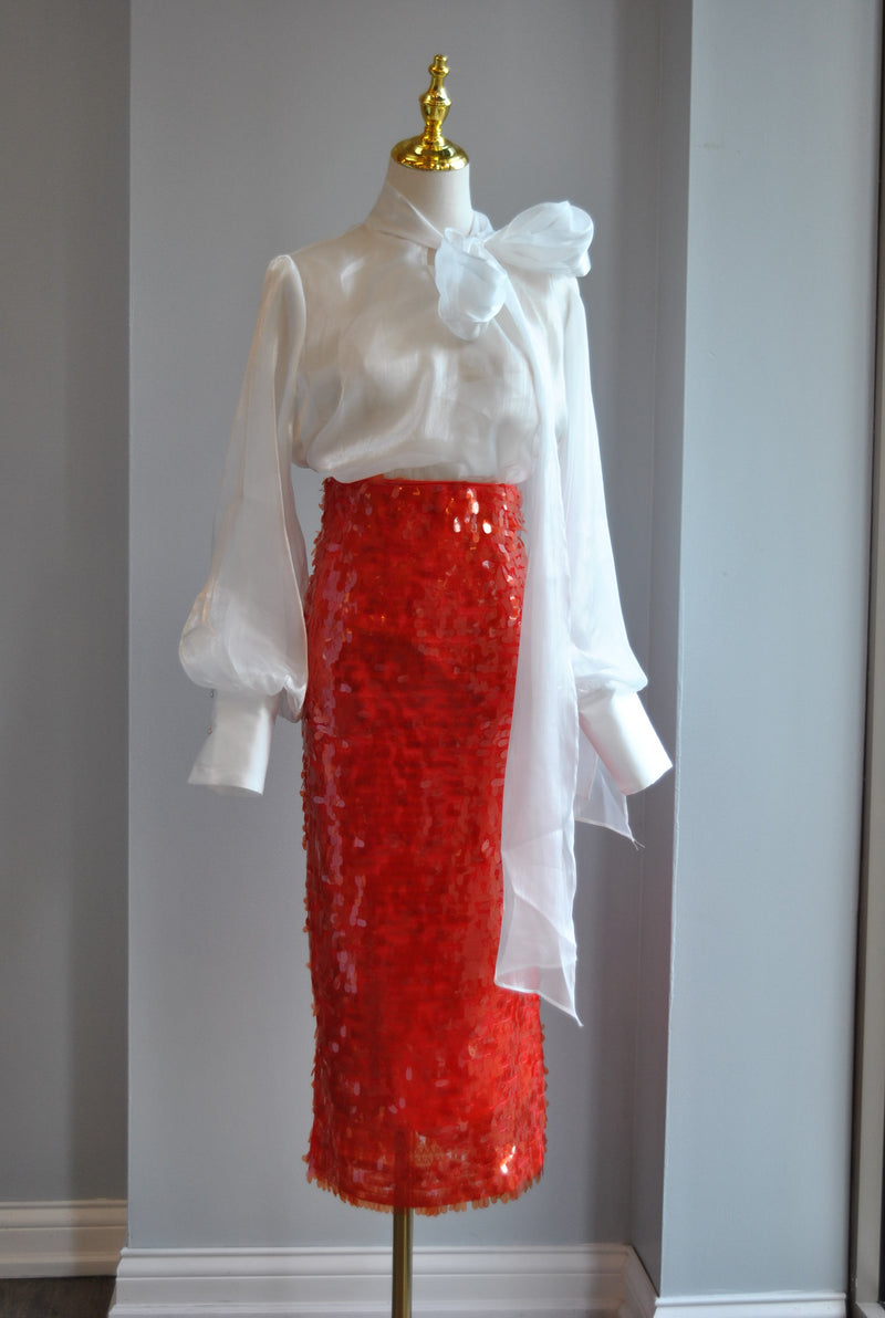 RED SEQUIN PENCIL SKIRT