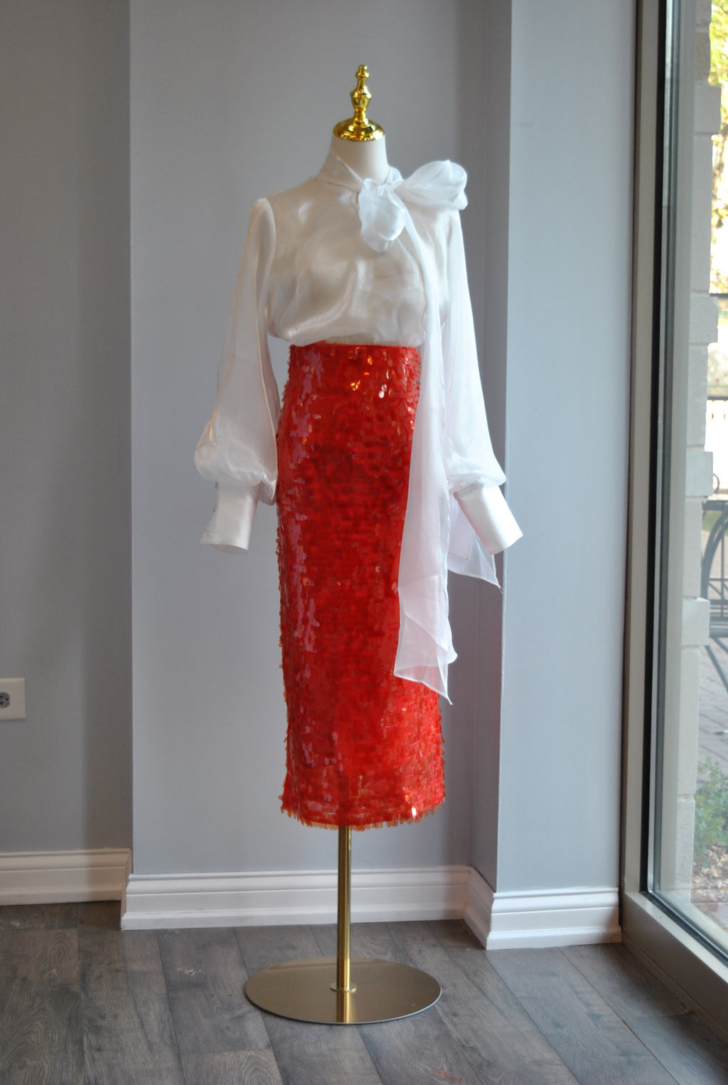 RED SEQUIN PENCIL SKIRT